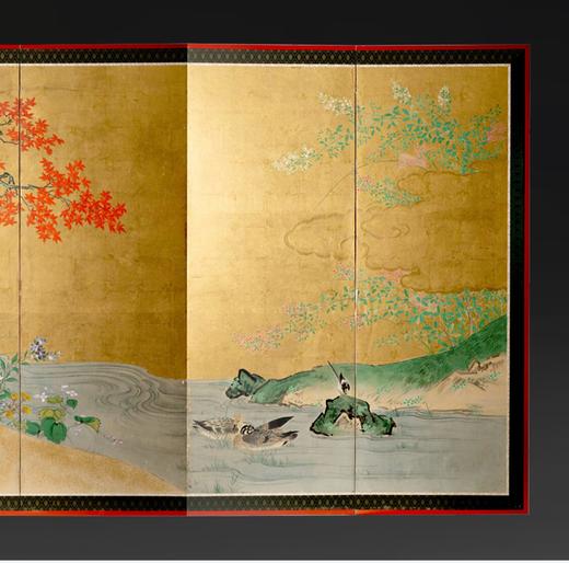 独角鹿西洋古董日本江户时代出品土佐画派风格「枫林鹿群」主题纸本设色金地六曲屏风 商品图2