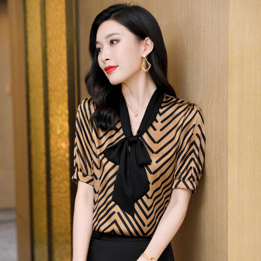 丁摩系带蝴蝶结真丝短袖气质条纹女士衬衫简约优雅上衣AL3572 商品图3