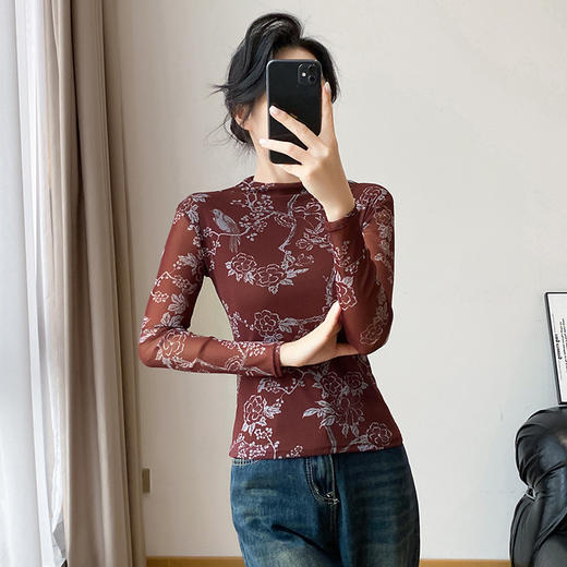 KQLA55F8569女装2025秋冬时尚洋气高弹网长袖印花高领打底衫T恤上衣 商品图0