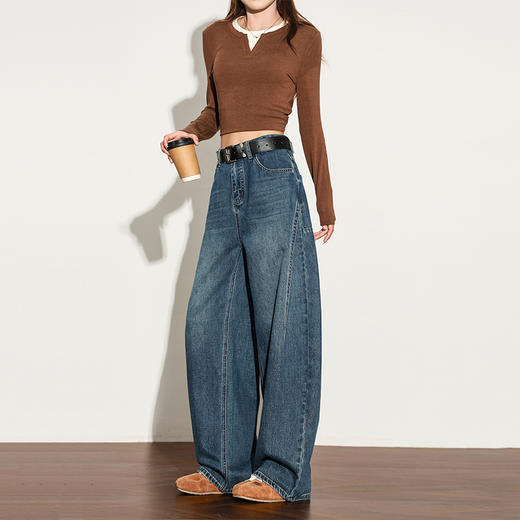 【限时秒杀】西遇复古水洗猫须阔腿牛仔裤女秋季高腰显瘦百搭宽松弯刀裤H0051300 商品图3