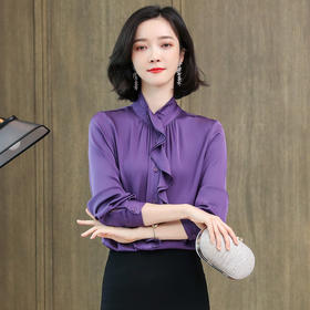 丁摩 高端真丝衬衫女长袖重磅桑蚕丝紫色木耳边上衣5ZF-3391