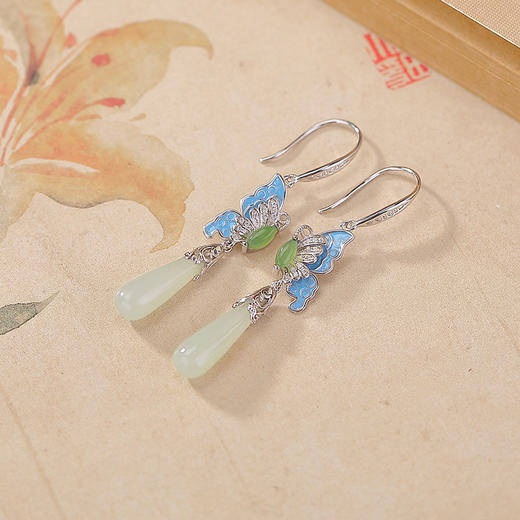 【梦幻蝴蝶】S925纯银珐琅长款水滴天然和田玉耳饰【CW-EG02322】 商品图1