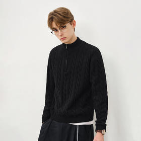 714street羊毛羊绒混纺绞花半拉链毛衣男2025秋冬情侣针织衫上衣