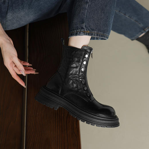 阿么手工女鞋铆钉前拉链真皮短靴女厚底显瘦英伦风复古小众4.5CM 商品图3