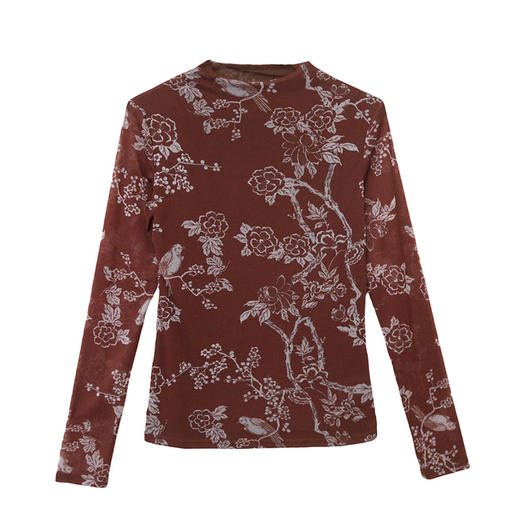 KQLA55F8569女装2025秋冬时尚洋气高弹网长袖印花高领打底衫T恤上衣 商品图4