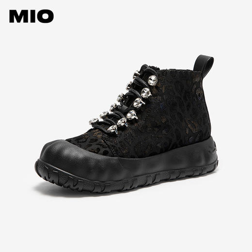 MIO米奥马丁靴圆头厚底钻饰绑带纯黑短筒时尚女靴M255653108 商品图1