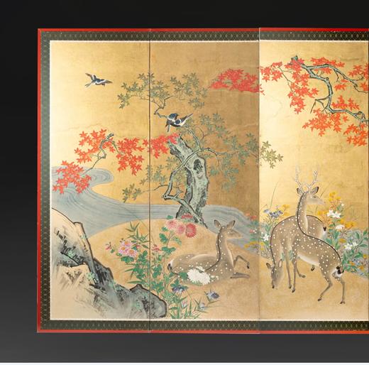 独角鹿西洋古董日本江户时代出品土佐画派风格「枫林鹿群」主题纸本设色金地六曲屏风 商品图1
