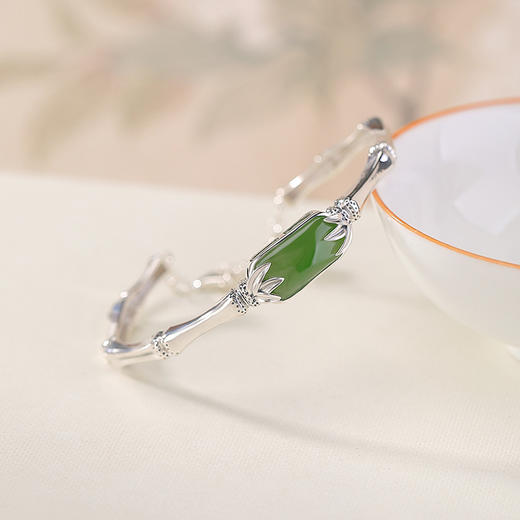 【节节高升】S925纯银天然和田玉碧玉复古亮面竹节竹叶手链【CW-SL11848】 商品图1