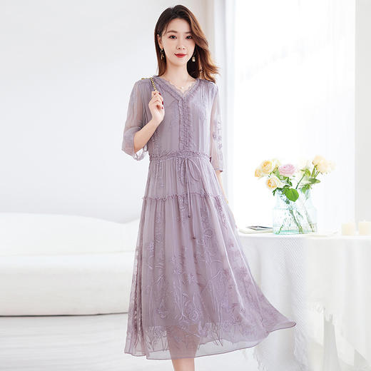 丁摩原创丝绸100%桑蚕丝重工绣花真丝连衣裙女AL9500 商品图5