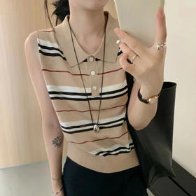 夏秋款polo衫翻领条纹高级感无袖针织衫百搭显瘦女上衣  YX-11383429