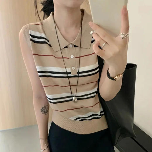 夏秋款polo衫翻领条纹高级感无袖针织衫百搭显瘦女上衣  YX-11383429 商品图0