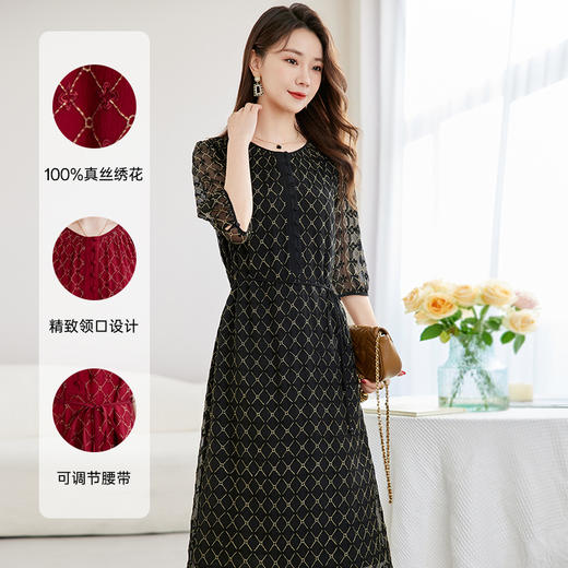 丁摩真丝绣花连衣裙收腰圆领减龄桑蚕丝连衣裙女AL9092 商品图1