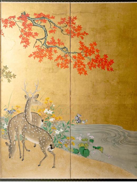 独角鹿西洋古董日本江户时代出品土佐画派风格「枫林鹿群」主题纸本设色金地六曲屏风 商品图4