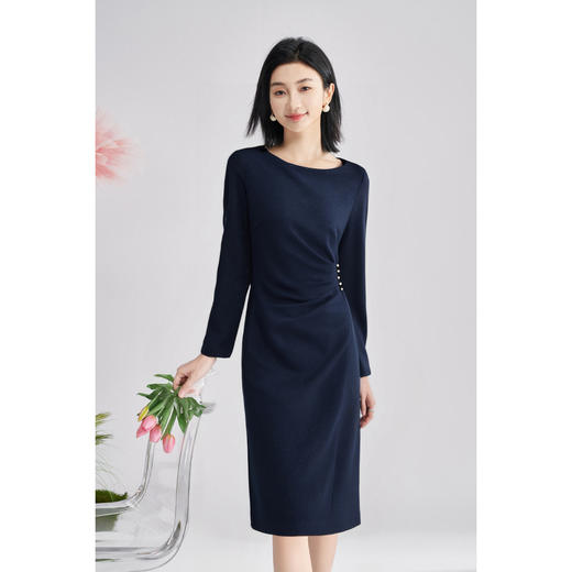剩S/M/L/XL/XXL 米思阳2026春季新款优雅气质通勤连衣裙纯色修身显瘦中长裙子0105 商品图1
