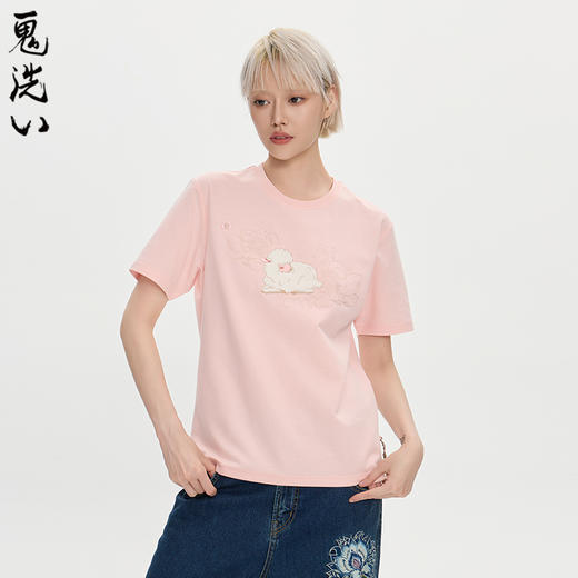 ONIARAI/鬼洗25秋季泥棒蓝女款五運色莲花银羊绣花短T N840287 商品图0