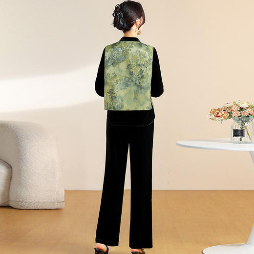 QYM CS25A60-Y时尚三件套妈妈装国风复古印花马甲+长袖小衫+直筒裤套装 商品图2
