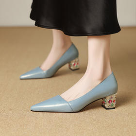 【预售5天】法式复古风粗跟单鞋真皮蓝色尖头水钻高跟鞋春夏时尚中跟单鞋MLS&A1021