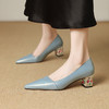 【预售5天】法式复古风粗跟单鞋真皮蓝色尖头水钻高跟鞋春夏时尚中跟单鞋MLS&A1021 商品缩略图0