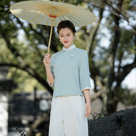WY6902#免烫抗皱禅意茶服居士服中式唐装阔腿裤套装养生采耳工作服夏 商品图1