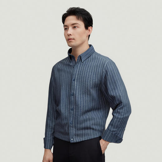 【全棉】罗蒙秋冬长袖条纹衬衫男士纯棉保暖柔软百搭休闲商务通勤长袖衬衣 商品图3