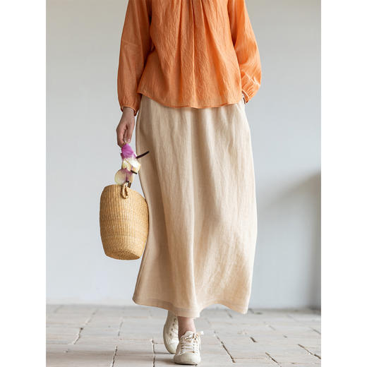 牧衣游原创 炒色棉麻净色半裙松紧腰百搭宽松休闲直筒半身裙 流芳 商品图1