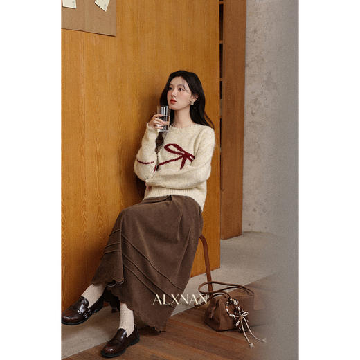 鹿向南「忍冬松林」小个子半身裙女秋季新款高腰长款咖色百褶裙 商品图3