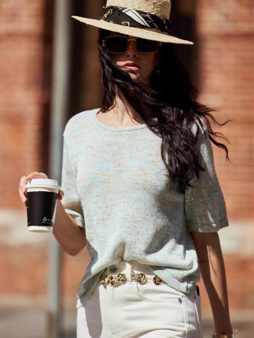 春秋新品康宝莱珠片纱亚麻棉镂空亮片上衣 商品图1