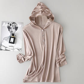 百媚生 重磅针织真丝蕾丝花边连帽七分袖上衣TX-067