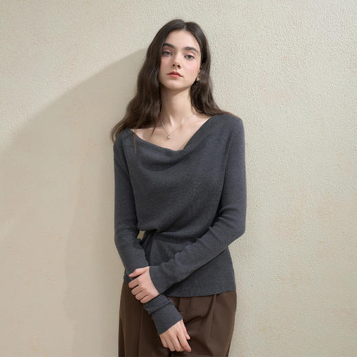 西遇法式荡领气质长袖针织T恤女秋季抽褶收腰显瘦内搭打底衫V2751162 商品图3