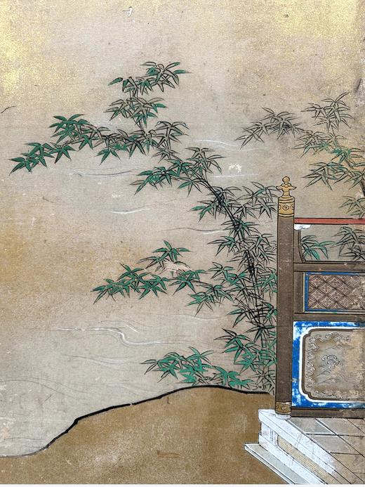 独角鹿西洋古董日本明治时期画师春笑签名出品「东方山水人物」主题纸本设色洒金六曲屏风 商品图7