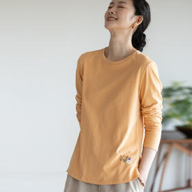 牧衣游原创手工刺绣棉质T恤女秋简约百搭套头圆领长袖上衣 伴星月