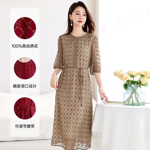 丁摩真丝绣花连衣裙收腰圆领减龄桑蚕丝连衣裙女AL9092 商品图2