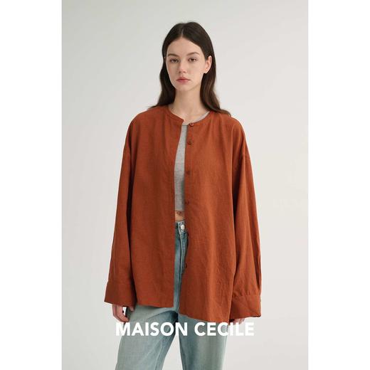 MAISON CECILE 两色/亚麻色织休闲慵懒感松弛落肩长袖衬衫 商品图3