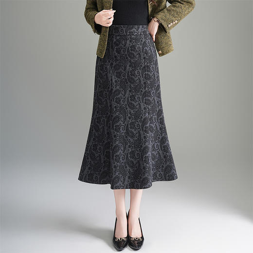 QYM 6323-Y印花长款鱼尾裙高腰包臀裙 商品图1