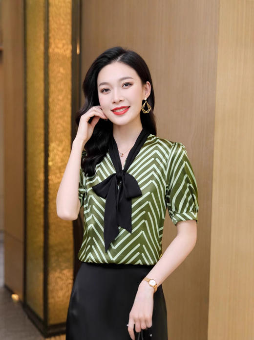 丁摩系带蝴蝶结真丝短袖气质条纹女士衬衫简约优雅上衣AL3572 商品图7