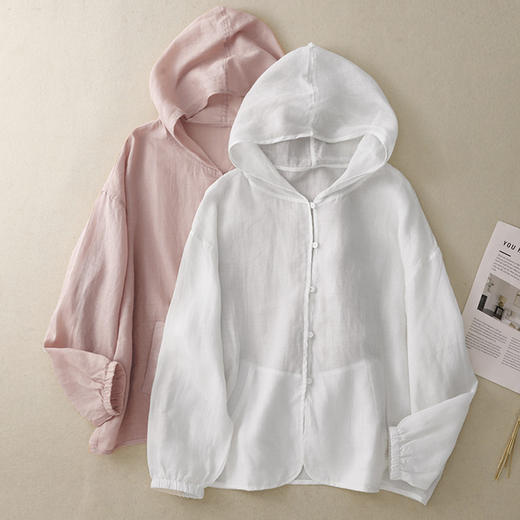 雀说轻薄棉麻刺绣防晒衣短外套女夏季纯色百搭长袖空调衫拉链连帽上衣AL8298 商品图0