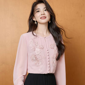 「自」全新升级【铂金会员201/天猫269/差价68】(51116)洛诗琳法式圆领钉珠雪纺衫2025秋季洋气优雅通勤雪纺衬衫女