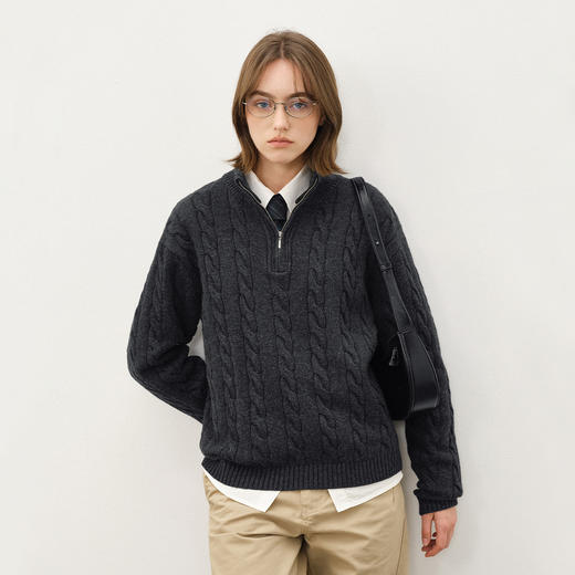 714street羊毛羊绒混纺绞花半拉链毛衣男2025秋冬情侣针织衫上衣 商品图1