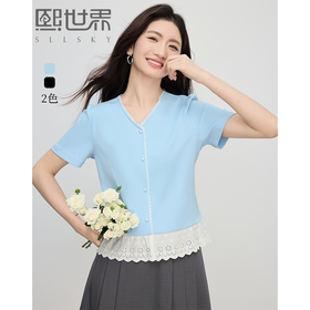 【专属特价】熙世界设计感蕾丝花边T恤女短袖时尚洋气正肩小衫上衣2025夏新款