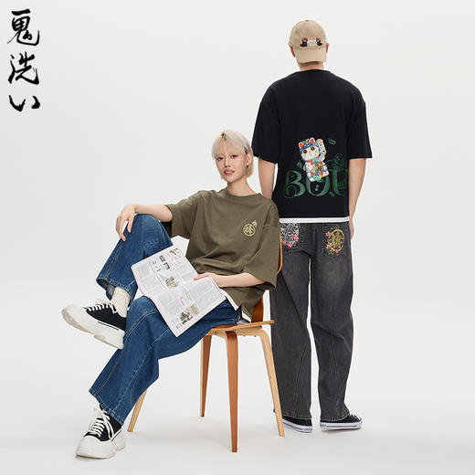 ONIARAI/鬼洗25秋新棒系列滑板招财猫假两件烧花短T男女 N840278 商品图0