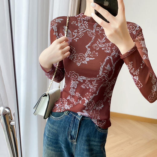 KQLA55F8569女装2025秋冬时尚洋气高弹网长袖印花高领打底衫T恤上衣 商品图3