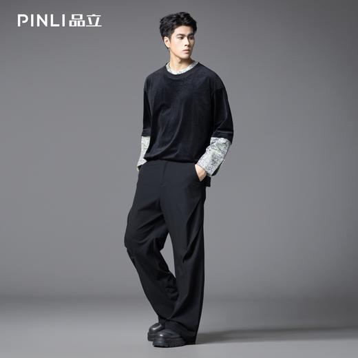 PINLI品立春季新款假两件拼接提花丝绒T恤潮牌肌理长袖男上衣B253111021 商品图1