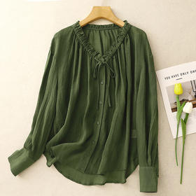 雀说法式绿色苎麻木耳边v领防晒衬衫夏季设计感气质小众衬衣AL