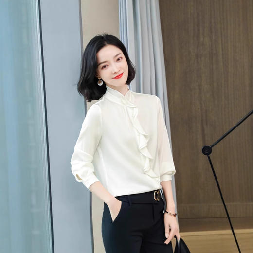 丁摩 高端真丝衬衫女长袖重磅桑蚕丝紫色木耳边上衣5ZF-3391 商品图2