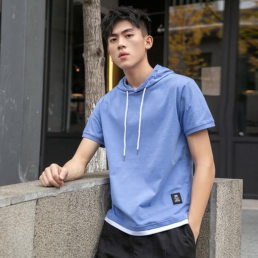 红览 纯棉连帽短袖t恤男宽松潮牌纯色假两件男士上衣338 商品图2