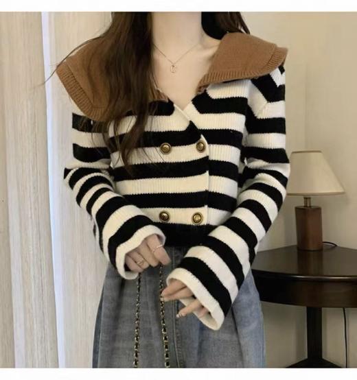 【孤品捡漏】G42黑白条拼咖色翻领短款针织毛衣-喜出 商品图2