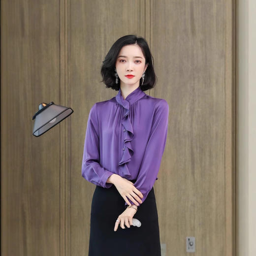 丁摩 高端真丝衬衫女长袖重磅桑蚕丝紫色木耳边上衣5ZF-3391 商品图3