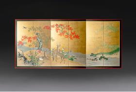 独角鹿西洋古董日本江户时代出品土佐画派风格「枫林鹿群」主题纸本设色金地六曲屏风