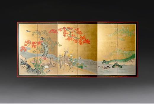 独角鹿西洋古董日本江户时代出品土佐画派风格「枫林鹿群」主题纸本设色金地六曲屏风 商品图0