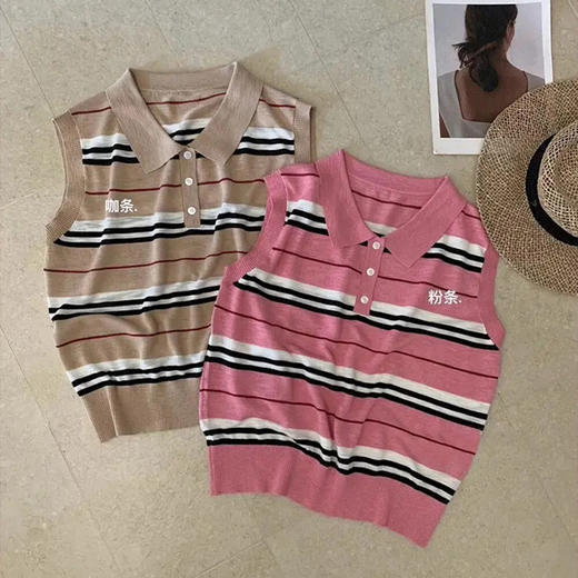夏秋款polo衫翻领条纹高级感无袖针织衫百搭显瘦女上衣  YX-11383429 商品图1